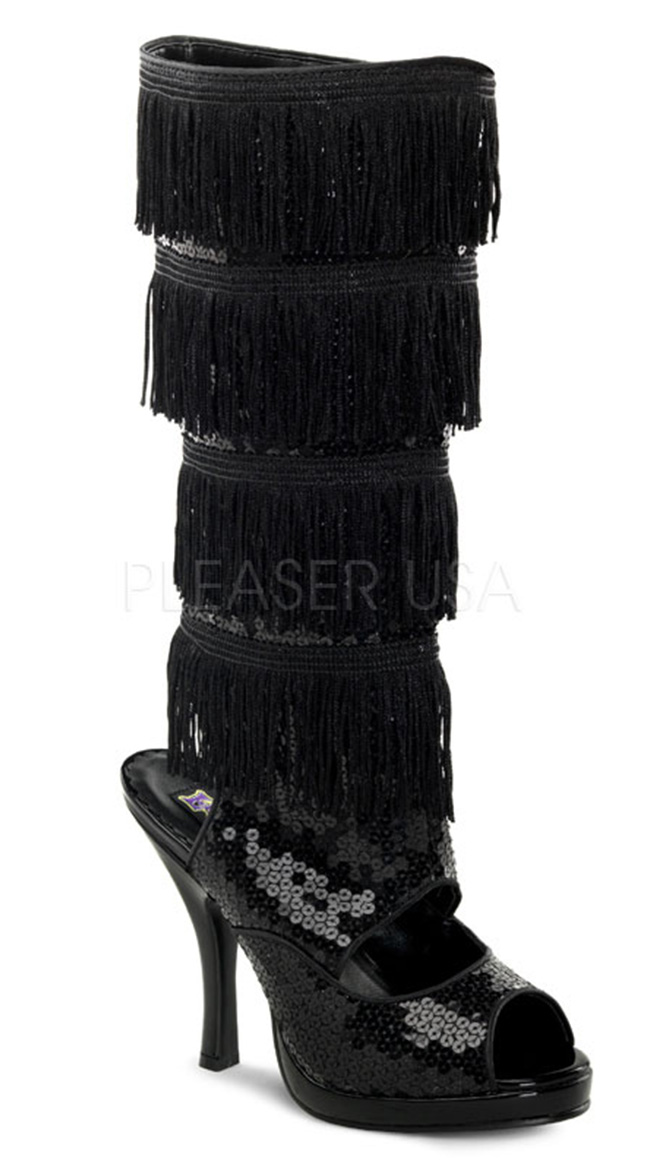 4 1/2 Inch Flapper Knee Boot With Fringe by Pleaser