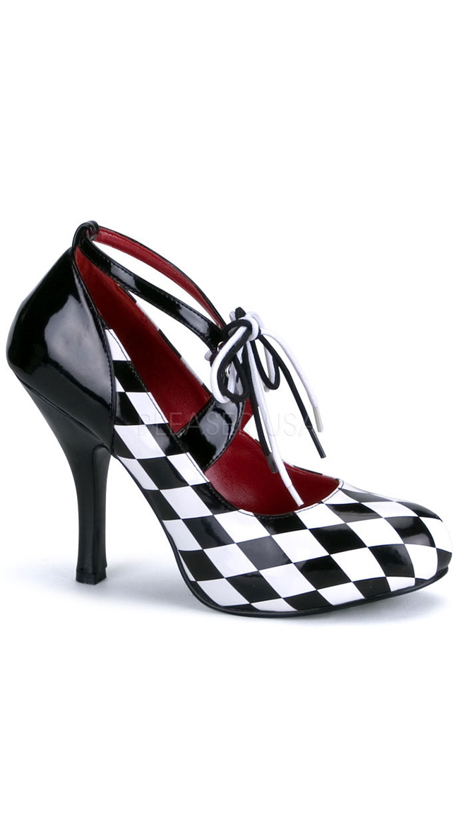 4 Inch Heel Black/white Harlequin In Diamond Printed Patent by Pleaser
