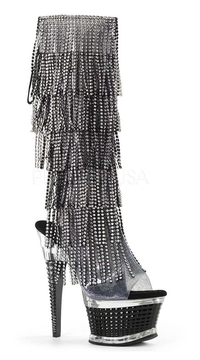 6 1/2" Textured Rhinestone Fringe Knee High Boots by Pleaser
