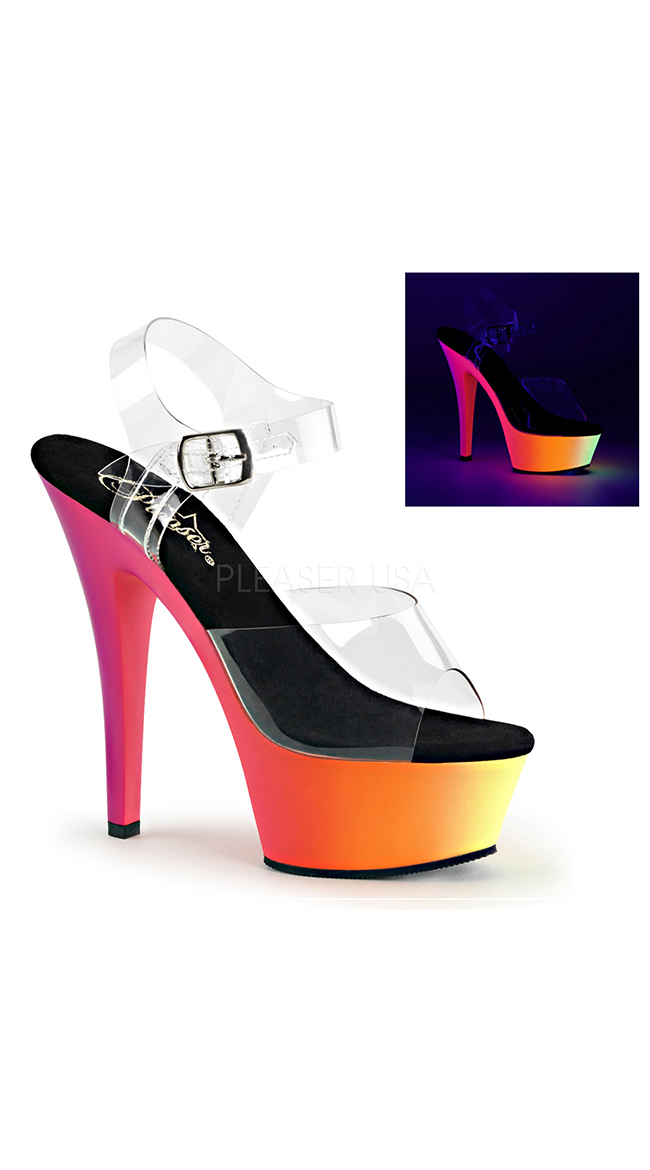 6 Inch Clear Strappy Sandal with Black Light Reactive Platform by Pleaser