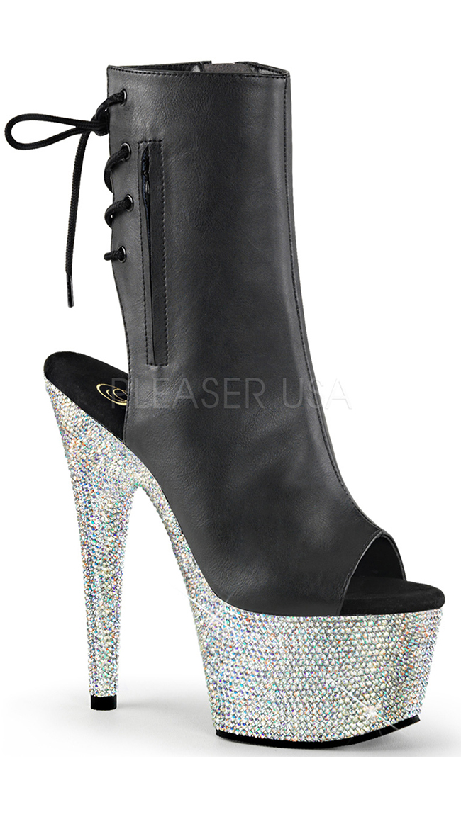 7" Open Toe Rhinestone Ankle Leather Boot by Pleaser