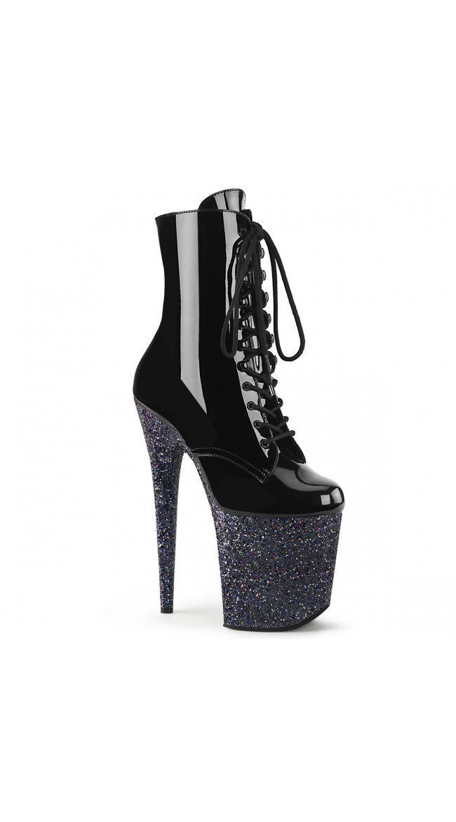 8 Inch Black Patent Glitter Ankle Boot by Pleaser