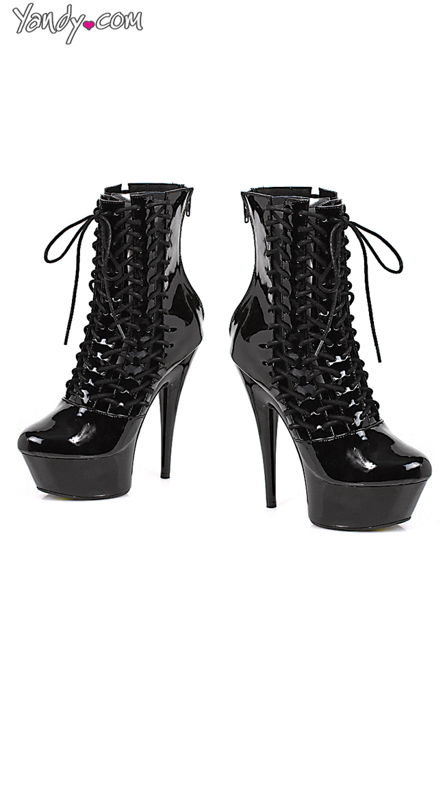 Black Patent Ankle Boots with Lace-Up Front by Ellie Shoes