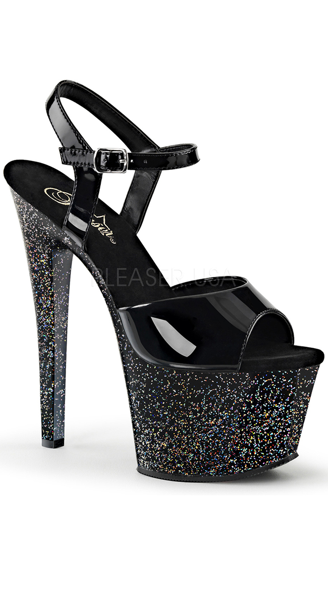 Black Sky Ankle Strap Sandal Glitter Platform by Pleaser