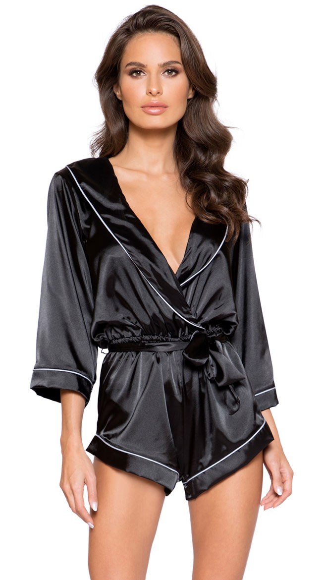Collared Black Sweet Dreams Satin Romper by Roma