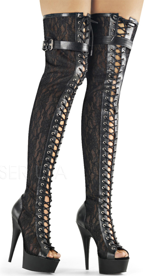 Delight Lace Peep Toe Thigh Boot by Pleaser