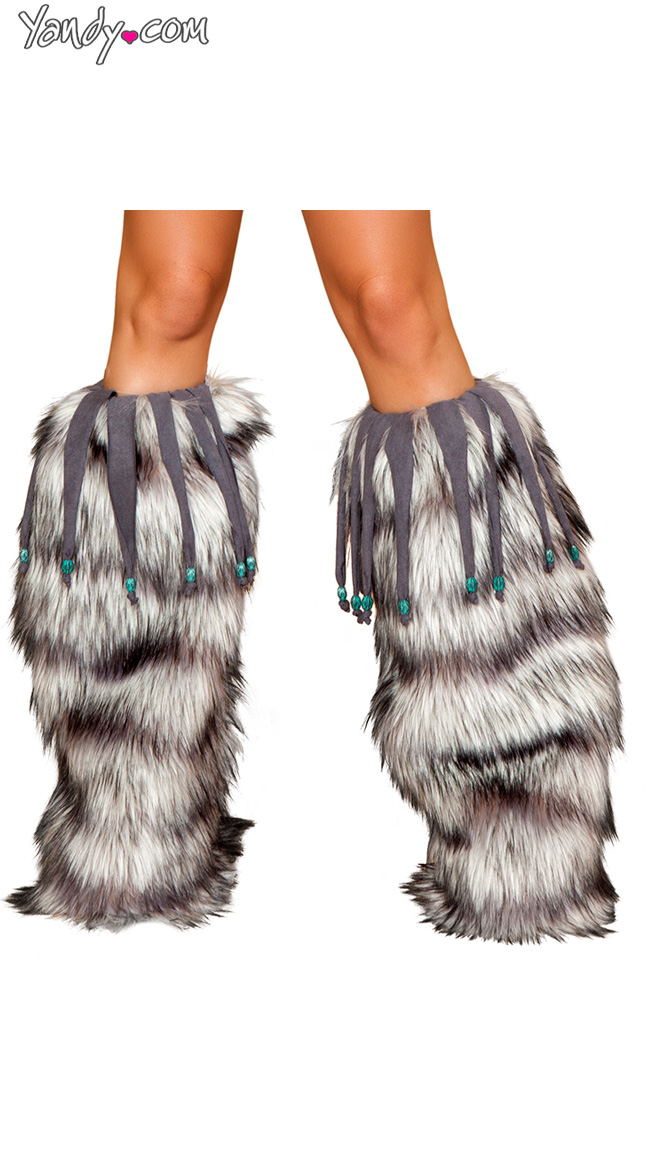Furry Grey Legwarmers With Beaded Fringe by Roma / Grey Leg Warmers