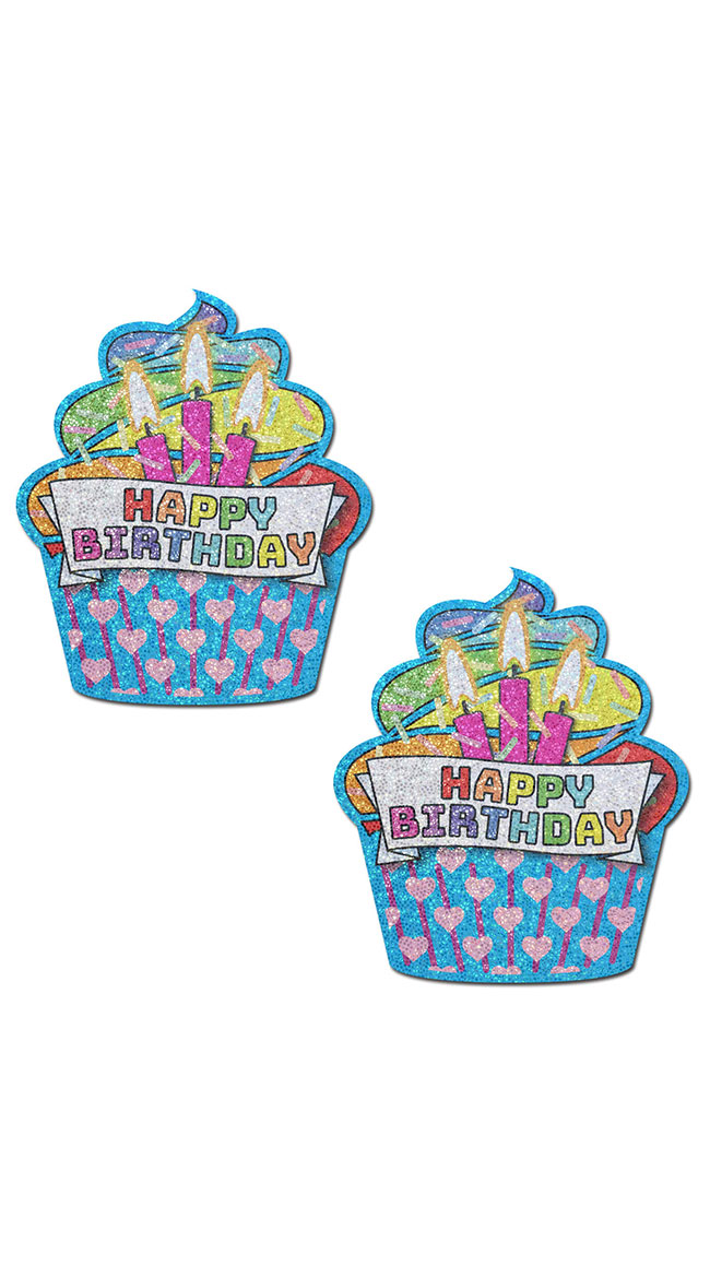 Glitter Turquoise Happy Birthday Cupcake Pasties by Pastease - sexy lingerie