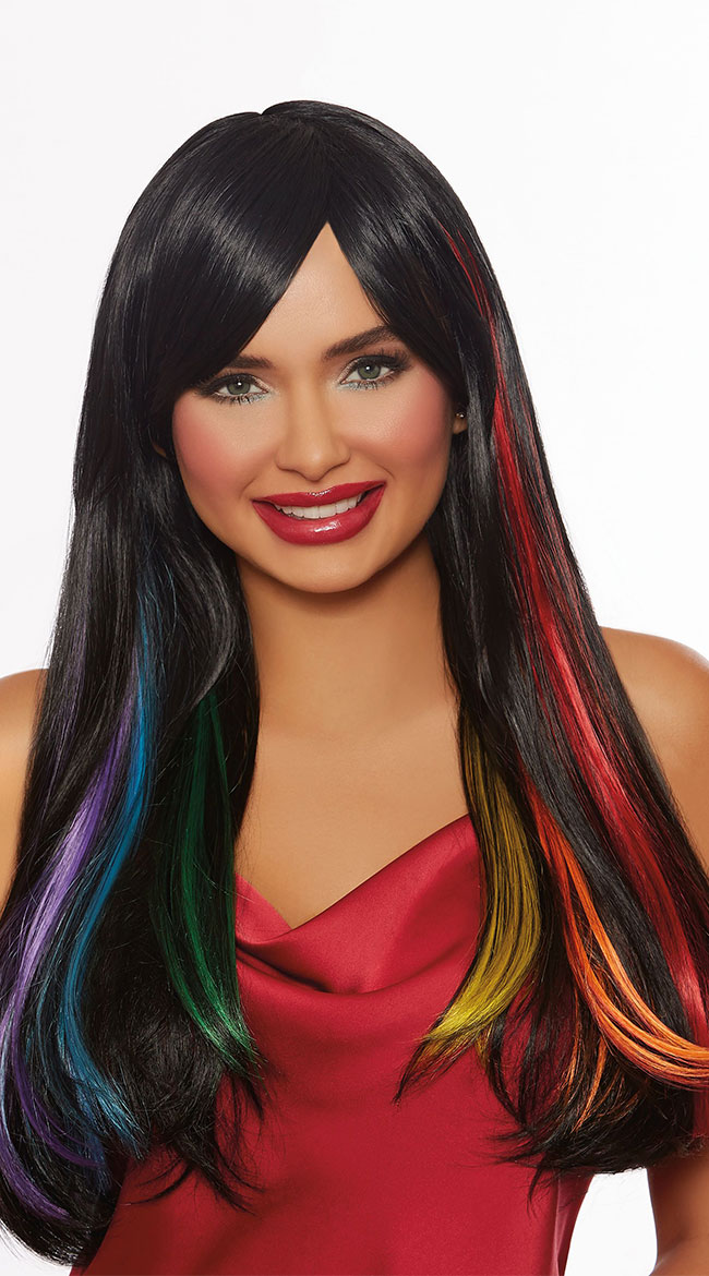 Long Black and Rainbow Wig by Dreamgirl