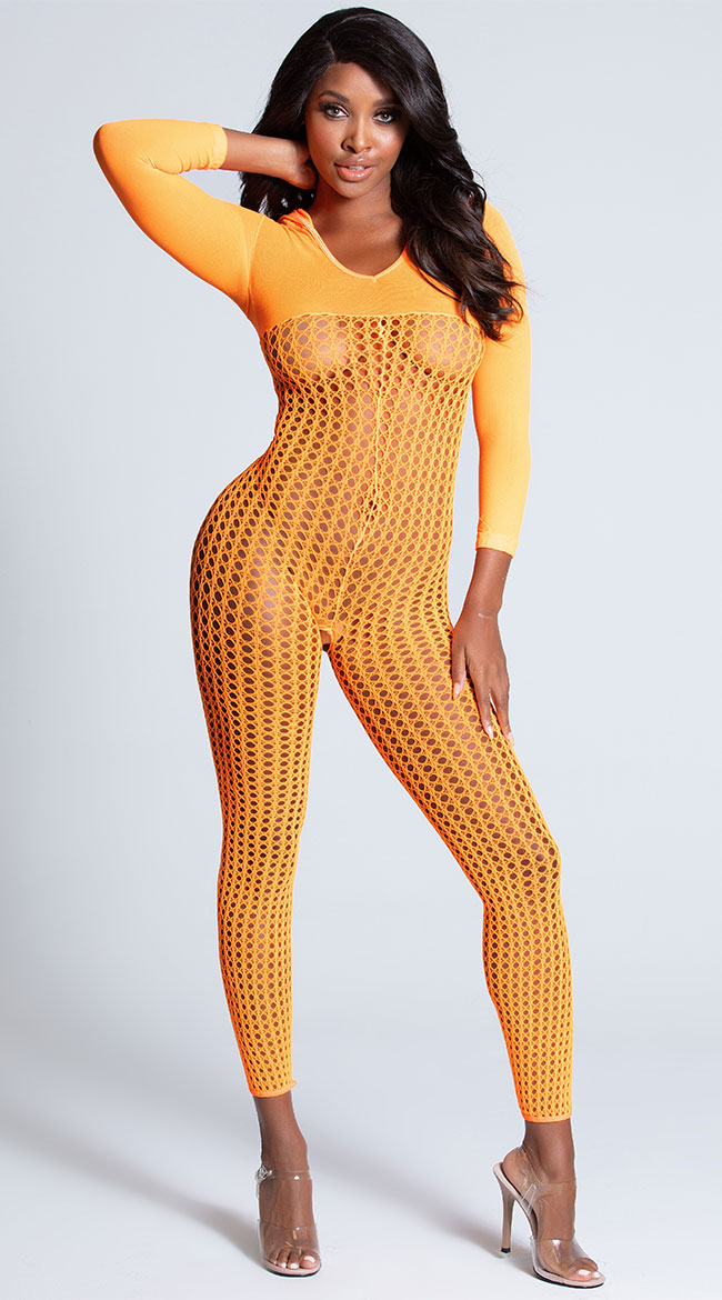 Neon Orange Crochet Bodystocking by Elegant Moments / Orange Bodystocking