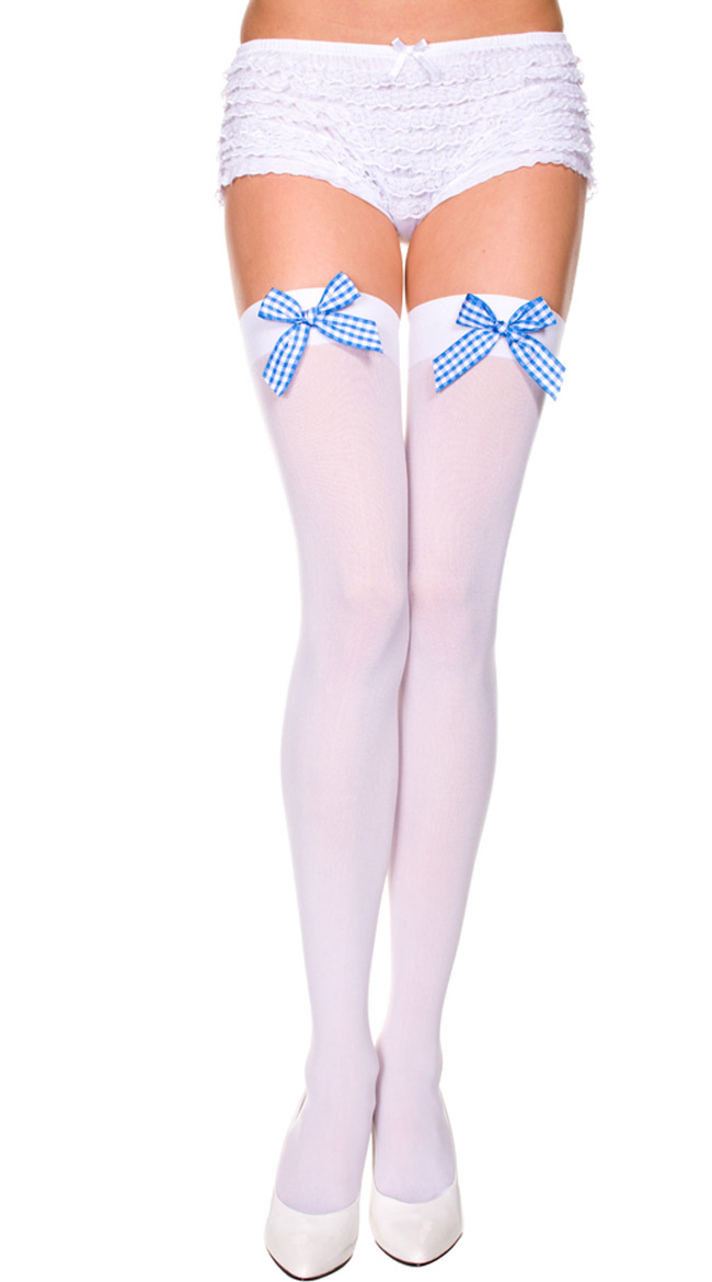 Opaque Thigh Highs with Checker Bow by Music Legs