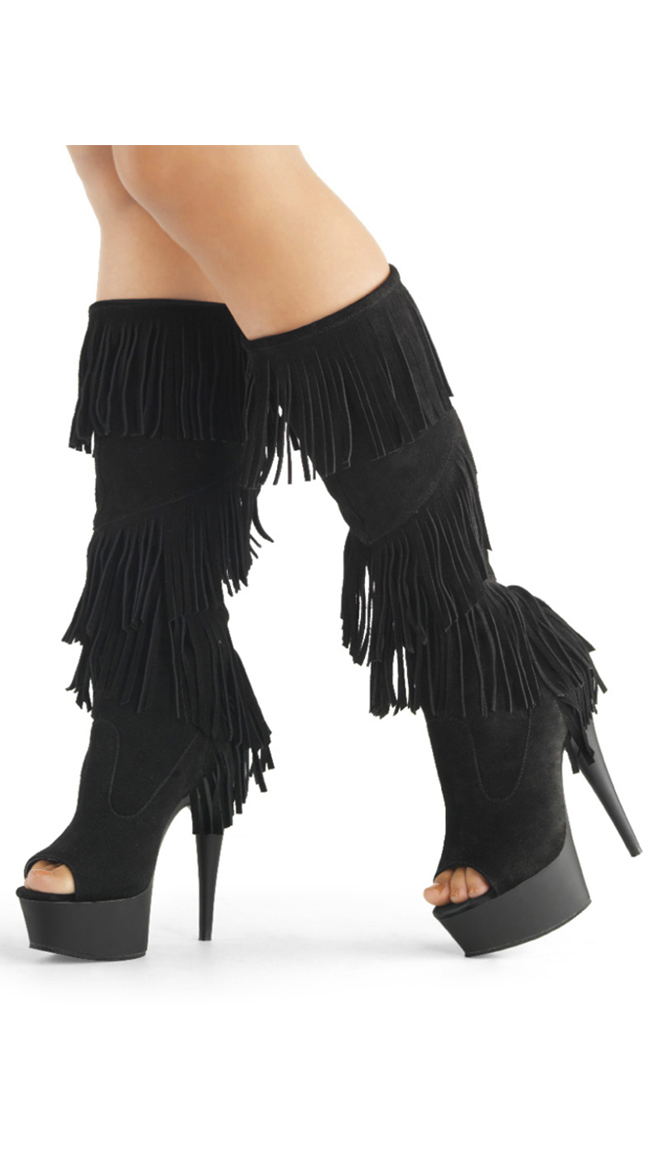 Peep Toe Knee High Fringe Boots by Pleaser