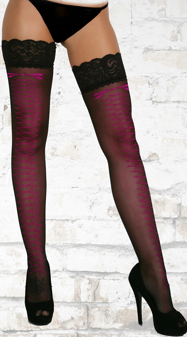 Pink Lace Up Look Thigh Highs by Oh La La Cheri