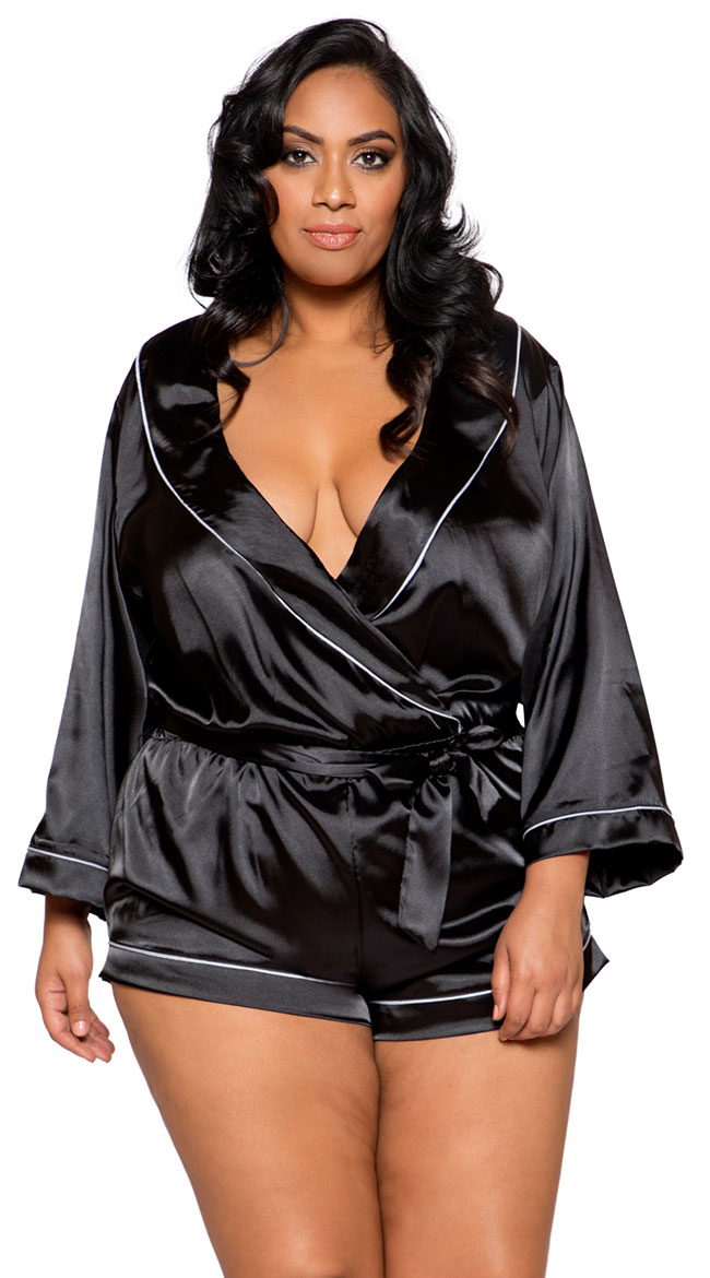 Plus Size Black Collared Sweet Dreams Satin Romper by Roma