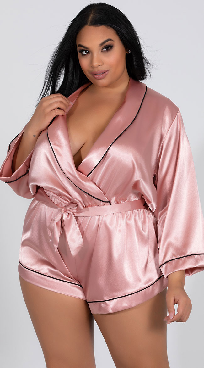 Plus Size Collared Pink Sweet Dreams Satin Romper by Roma