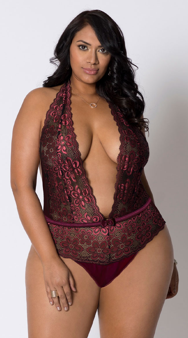 Plus Size Floral Frenzy Plunging Teddy by iCollection