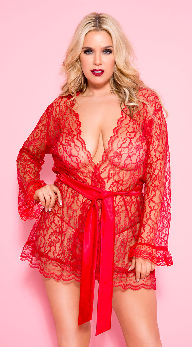 Plus Size Floral Lace Short Robe by Music Legs