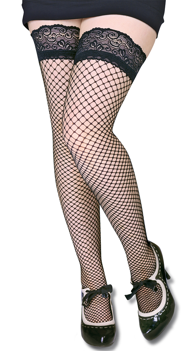 Plus Size Lace Top Fishnet Stockings by Glamory Hosiery
