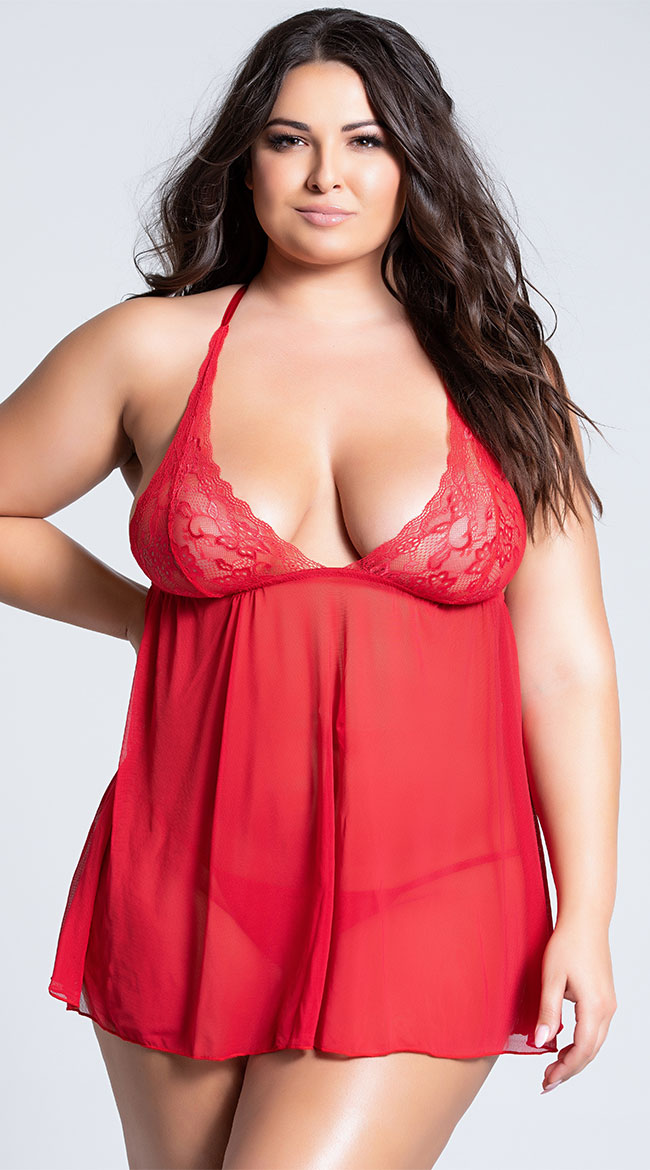 Plus Size Red Flyaway Lace Babydoll Set by Seven 'Til Midnight / Plus Size Red Flyaway Babydoll Set