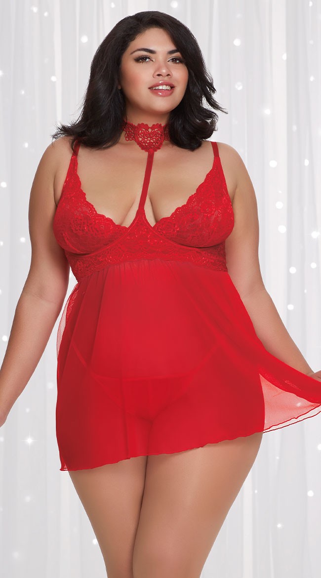 Plus Size Red My Mind Babydoll Set by Dreamgirl
