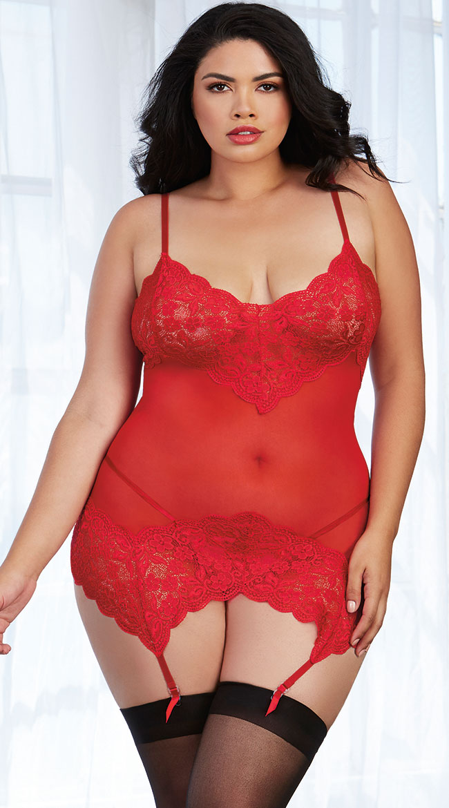 Plus Size Revive Me Ruby Garterslip Set by Dreamgirl - sexy lingerie