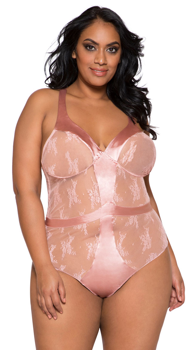 Plus Size Satin and Lace Pink Contrast Teddy by Roma