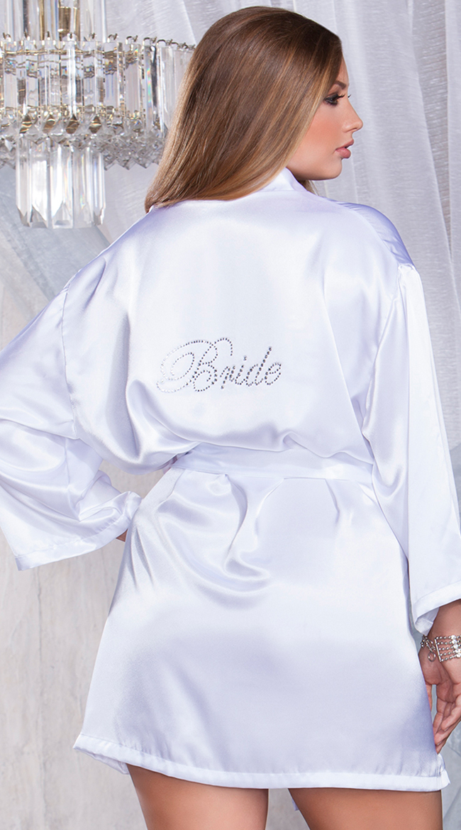 Plus Size White Satin Robe with Rhinestone "Bride" by iCollection