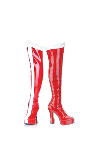Red and White Striped Patent Thigh High Boot by Pleaser