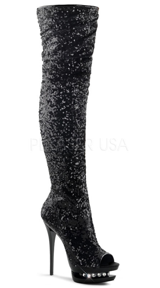 Sequin Peep Toe Thigh High Boot with 6" Heel by Pleaser