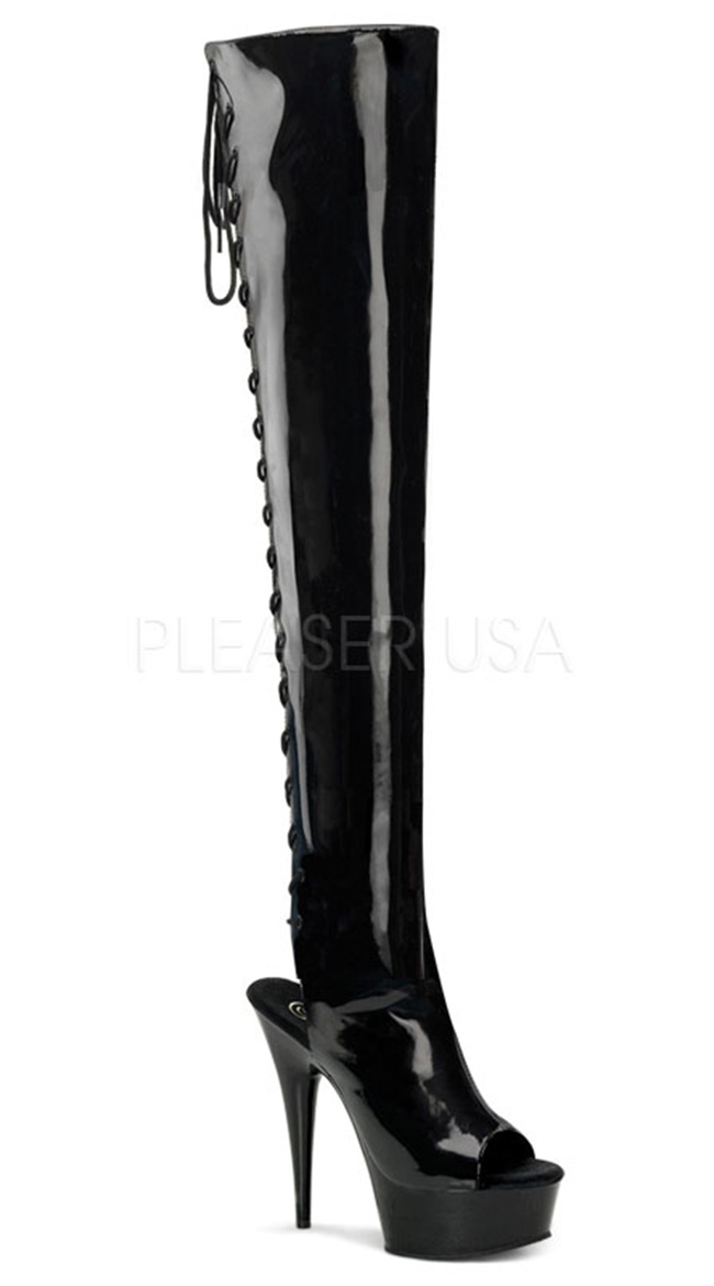 Thigh High Lace Up Peep Toe Boots by Pleaser