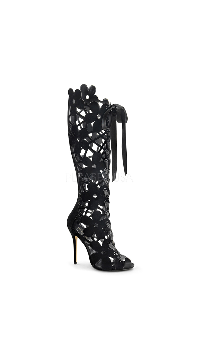 Velvet Floral Cut Out Peep Toe Boot by Pleaser
