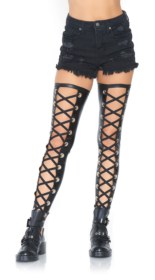 Wet Look Footless Lace Up Thigh Highs by Leg Avenue