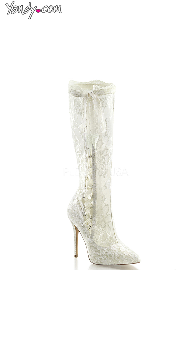 White Lace Knee High Stiletto Boot by Pleaser